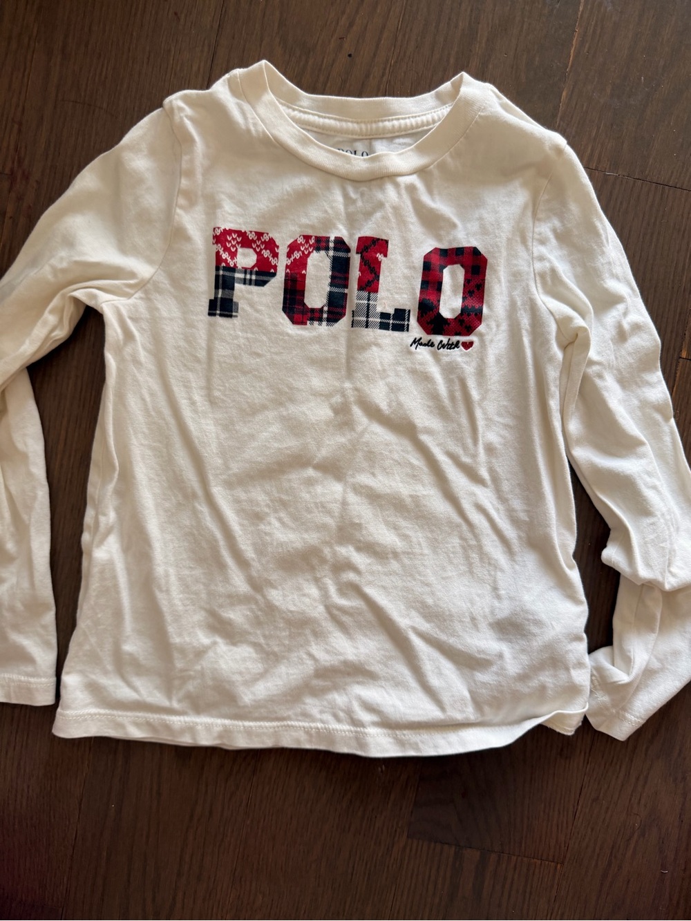 Polo by Ralph Lauren White Long-Sleeve Tee with Red & Navy Plaid Logo